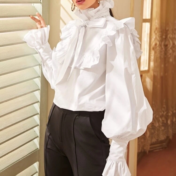 NWOT Victorian Tie Neck Lantern Sleeve Ruffled Blouse XS(2) - Picture 4 of 7